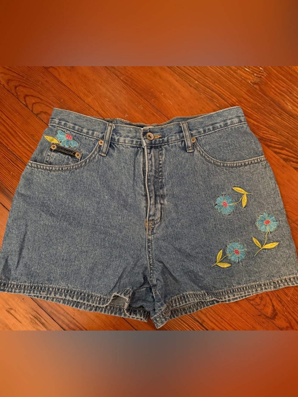 Embroidered Blue Denim Shorts with Floral Accent